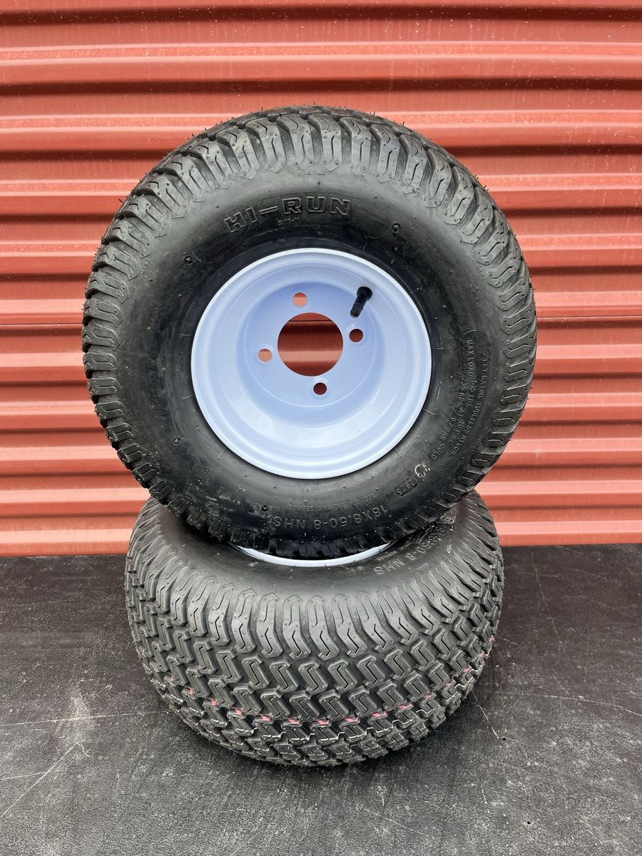 New Set of 2 Hi Run 18X8.5-8 Rear Riding Mower Tires Mounted on New White Wheels $ 40.00 for Both