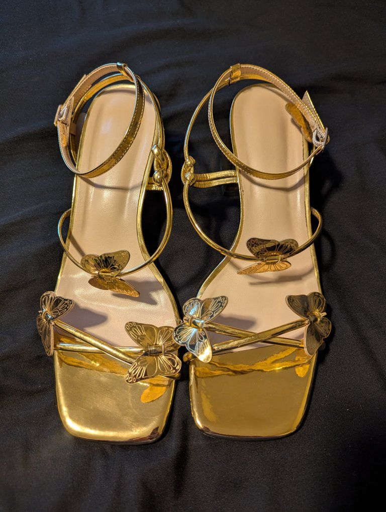 Gold Strappy Square-Toed Heels