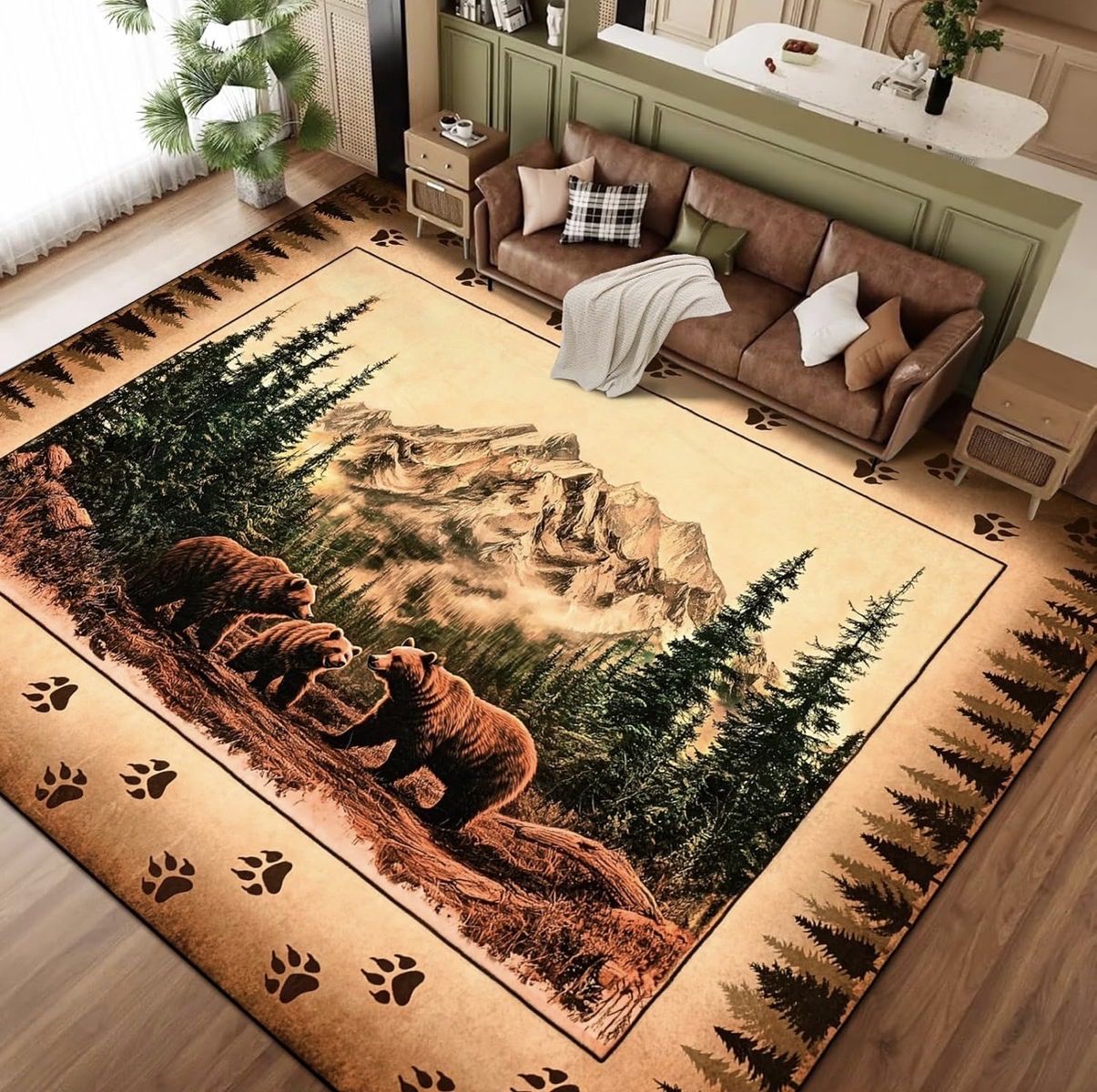 Rustic Bear Family Area Rug - Cabin Decor, Wildlife Themed Carpet with Paw Prints