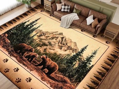 Rustic Bear Family Area Rug - Cabin Decor, Wildlife Themed Carpet with Paw Prints