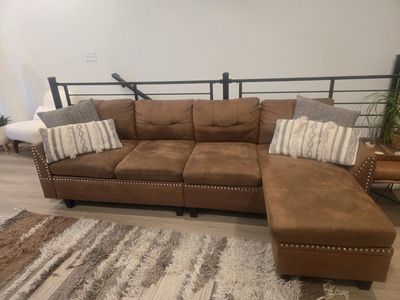Brown Faux Suede Sectional Sofa with Reversible Chaise & Storage Ottoman