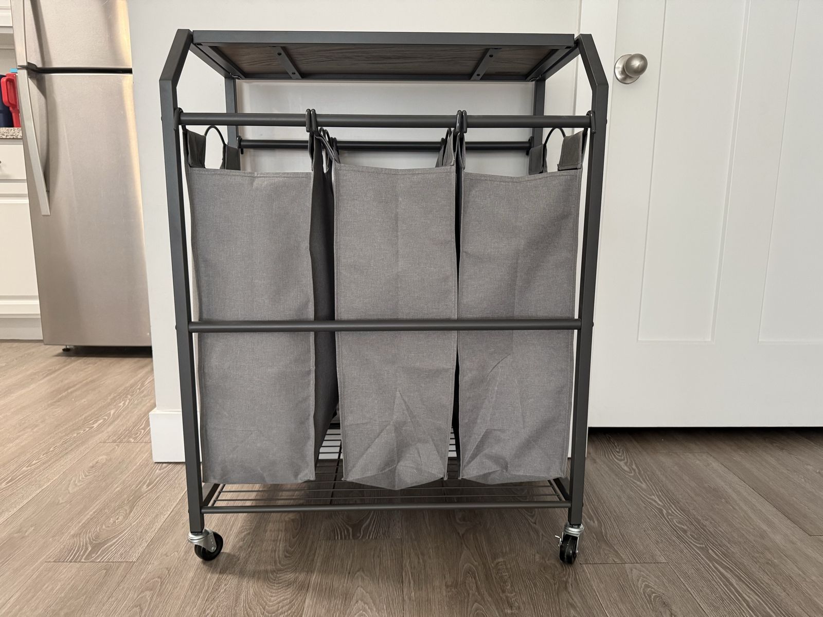 Rolling Laundry Hamper Cart with 3 Removable Bags & Wood Top - Grey Metal Frame
