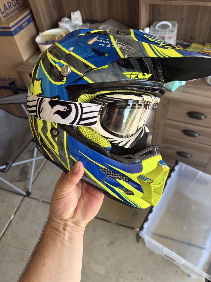 Fly Racing Motocross Helmet Blue/Yellow/Black with Goggles - Adult Size (Autographed by Jerry Leihr)