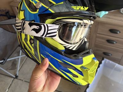 Fly Racing Motocross Helmet Blue/Yellow/Black with Goggles - Adult Size (Autographed by Jerry Leihr)