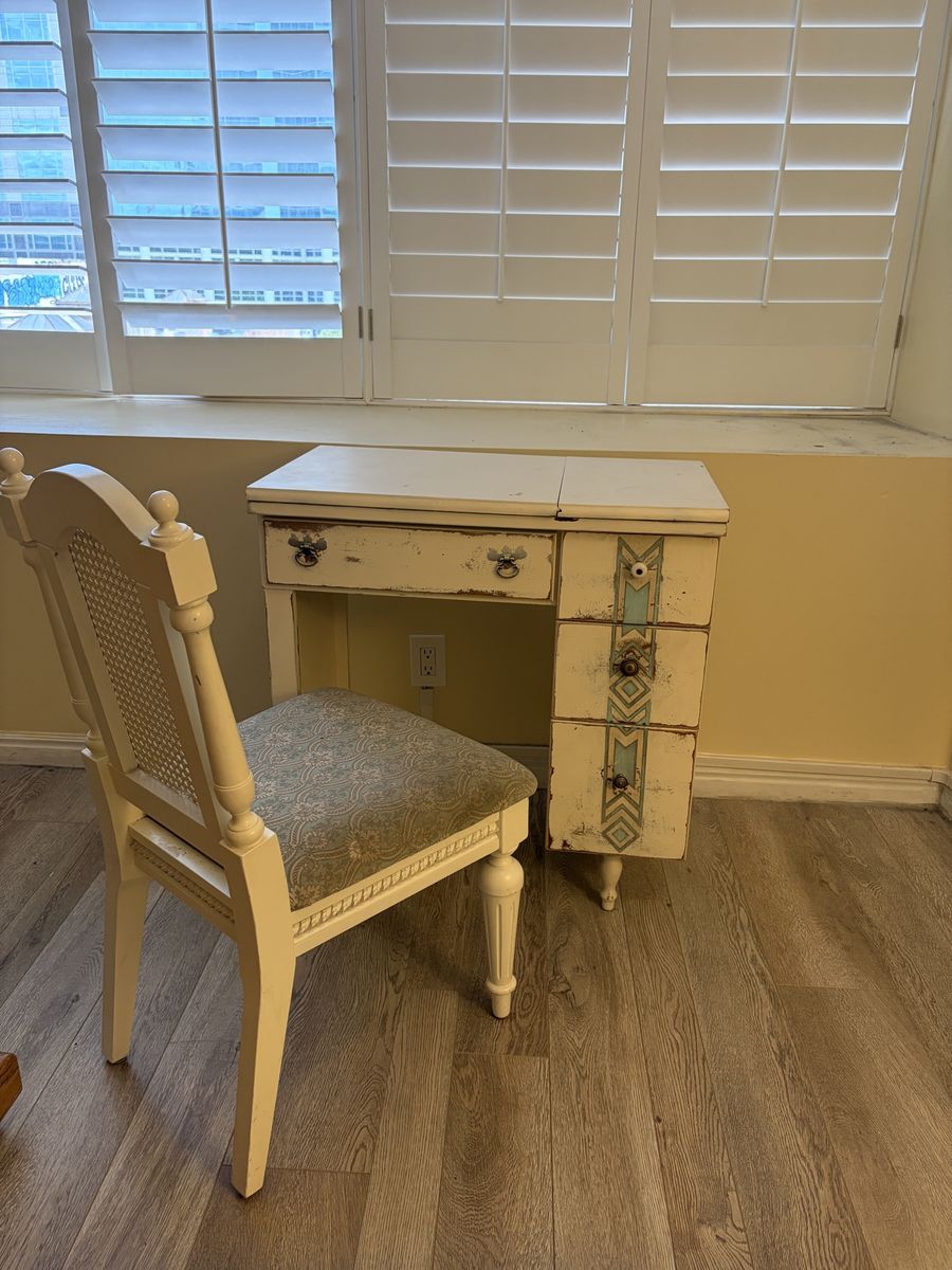 Vintage Shabby Chic Drop-Leaf Sewing Machine Desk and Matching Chair Set