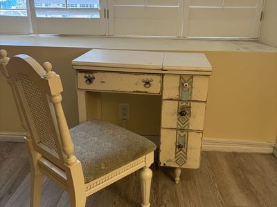 Vintage Shabby Chic Drop-Leaf Sewing Machine Desk and Matching Chair Set