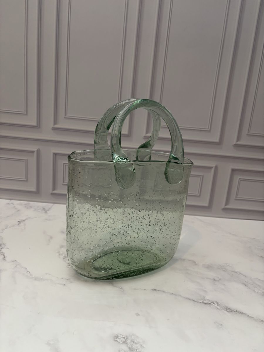 Green Bubble Glass Basket Vase Decorative Handle Vase