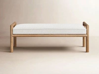 MODERN UPHOLSTERED BENCH – NATURAL WOOD + WHITE FABRIC – 50% OFF DEAL