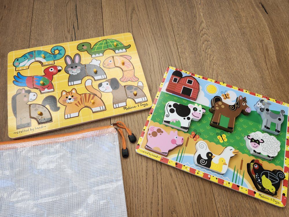 Melissa & Doug Wooden Chunky Animal Puzzle Bundle w/ 2 Storage Pouches Farm Pets Toddler Learning Toys for 18 months to 3 years