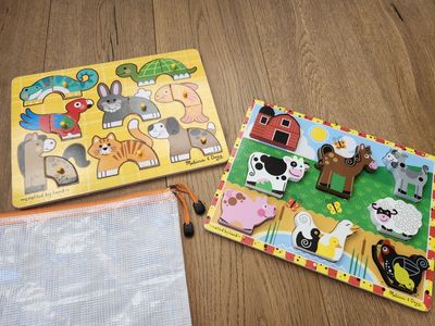 Melissa & Doug Wooden Chunky Animal Puzzle Bundle w/ 2 Storage Pouches Farm Pets Toddler Learning Toys for 18 months to 3 years