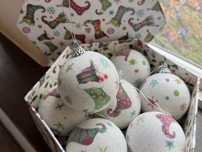 Set of 6 White Glitter Christmas Ornaments with Festive Stocking & Snowflake Design