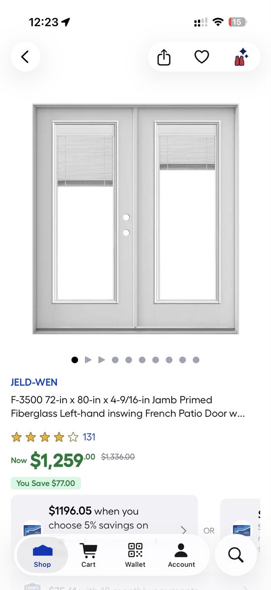 JELD-WEN F-3500 72x80 Left-Hand Inswing Primed Fiberglass French Patio Door with Blinds