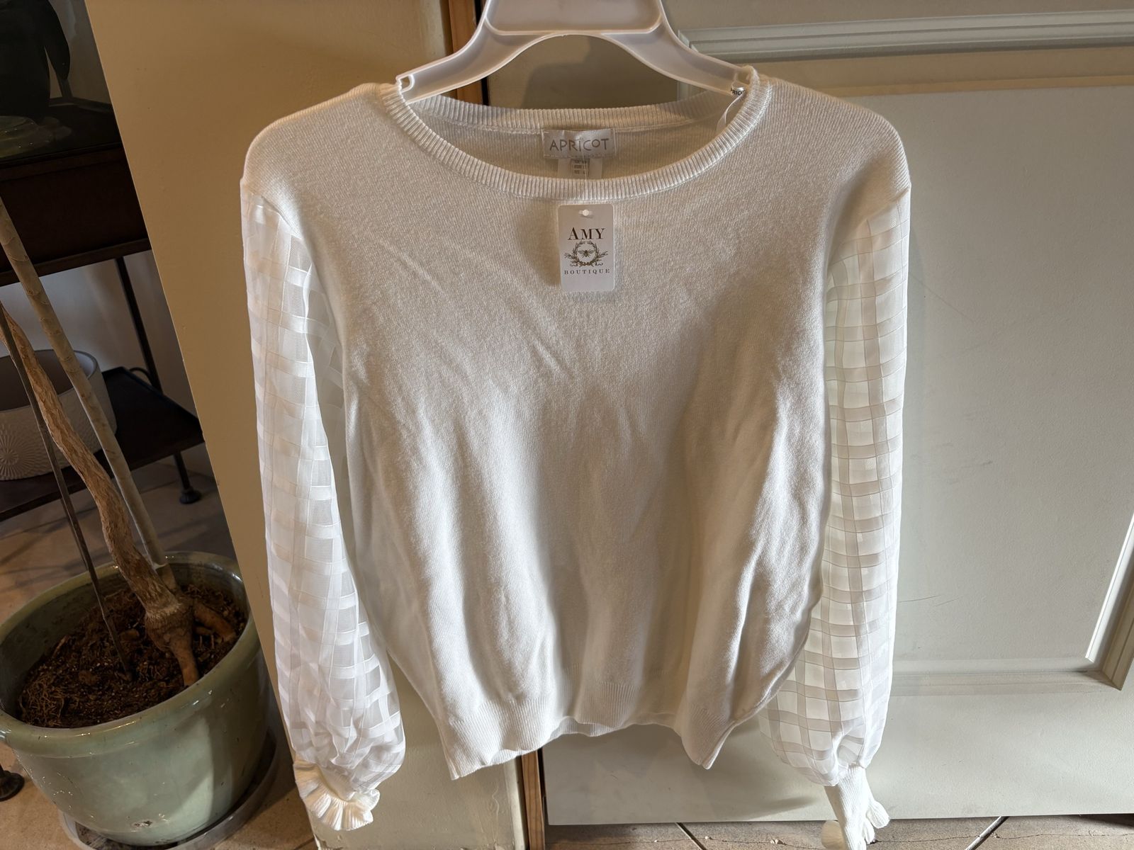 New White Sweater w/ Sheer Squares Sleeves Sz 6