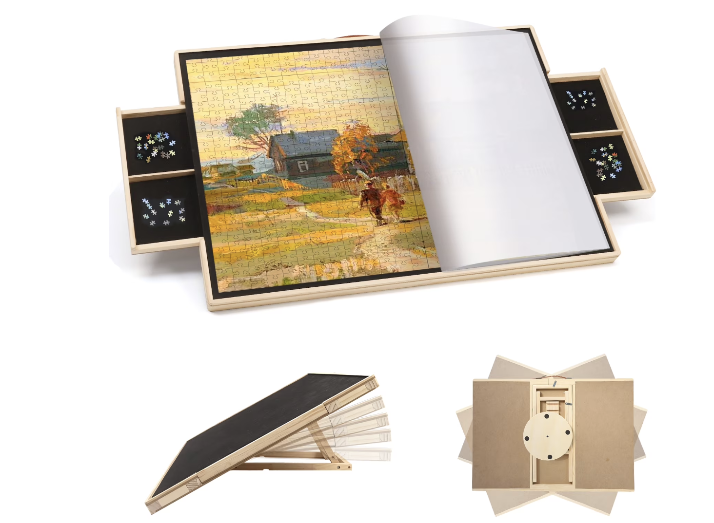 New in Box 1500 Piece Rotating Puzzle Board with Drawers and Cover,35x25.6 Wooden Puzzle Table