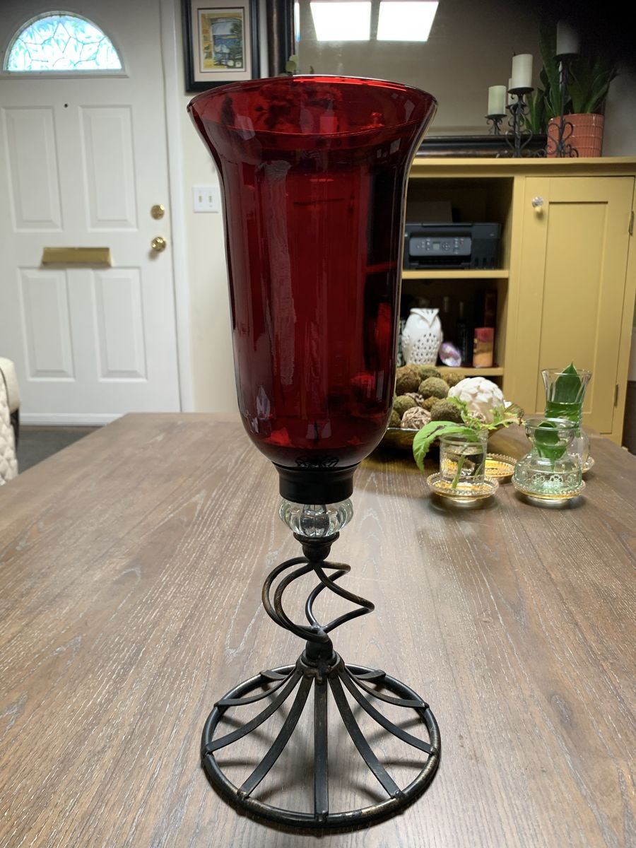 Tall Ruby Red Candle Holder With Metal Base