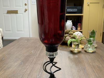 Tall Ruby Red Candle Holder With Metal Base