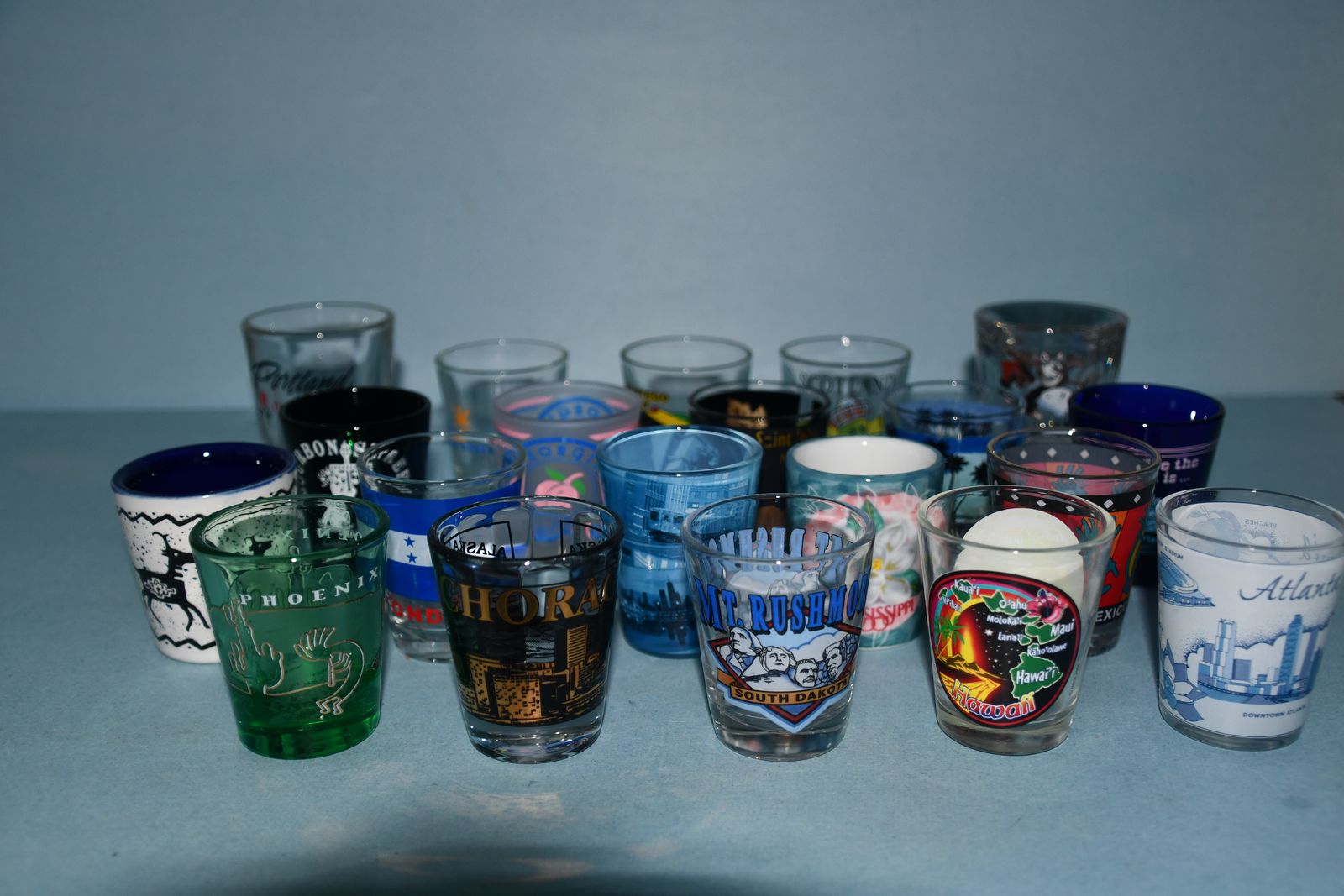 20 MAN CAVE SOUVENIR GLASSES ~ "SHOT" GLASSES ~ HEIGHT 2.5" (VARIES) ~ NO CHIPS ~ CLEAN ~ NEVER USED ~ SET B