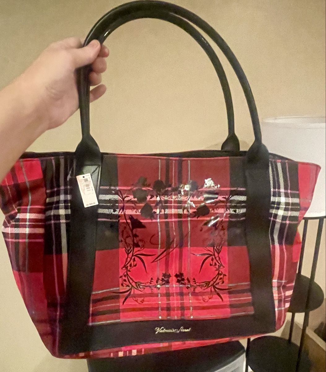 New! Victoria's Secret Red Plaid Floral Large Tote Bag Shoulder Handbag Purse