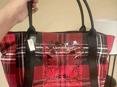 New! Victoria's Secret Red Plaid Floral Large Tote Bag Shoulder Handbag Purse