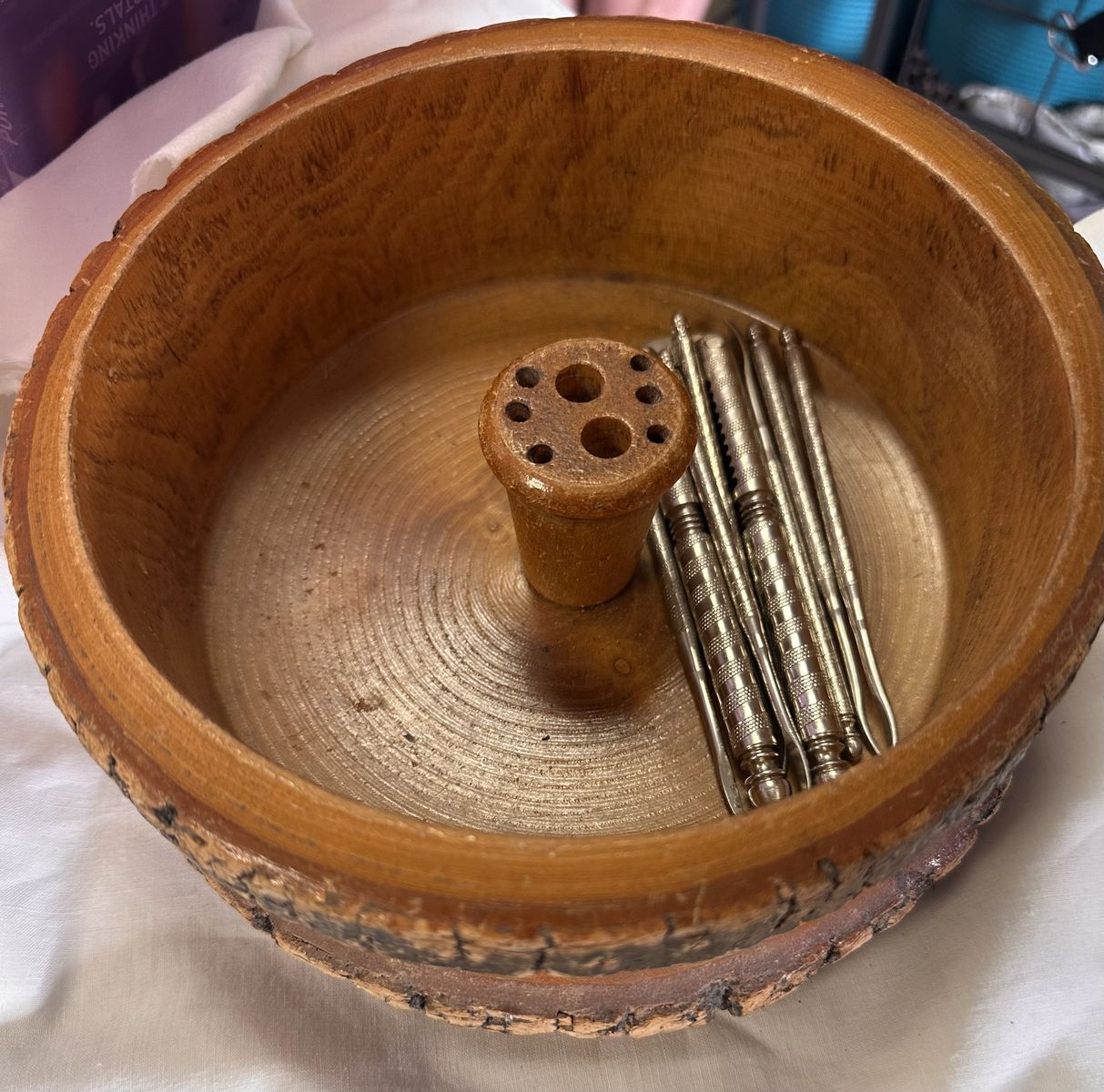 Incredible Vintage MCM Wooden Nut Bowl W/ Metal Nutcracker & 6 Metal Nut Picks!