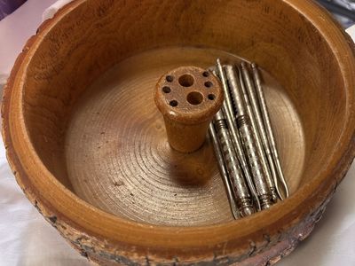 Incredible Vintage MCM Wooden Nut Bowl W/ Metal Nutcracker & 6 Metal Nut Picks!