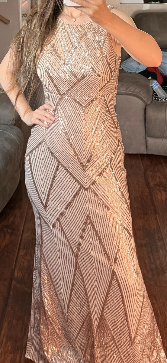 Rose Gold Sequin Geometric Sleeveless Gown Formal Maxi Dress - Size Small