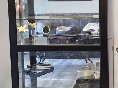 Elegant Black Display Curio Cabinet with Glass Shelves and Mirrored Back