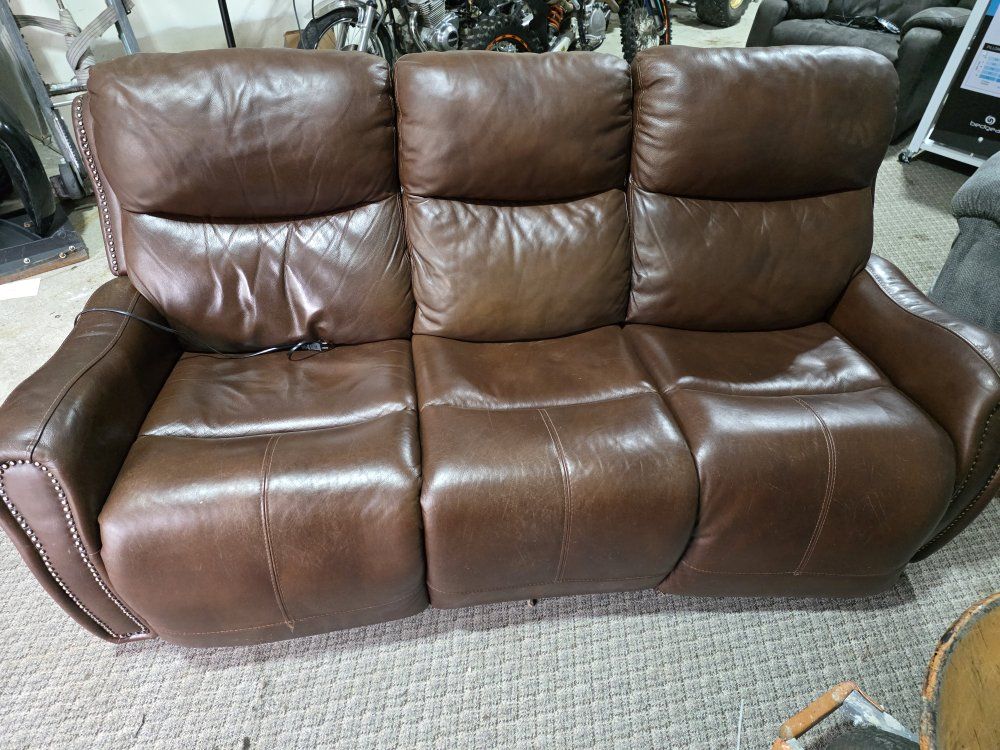 Brown Leather Power Reclining Sofa with Nailhead Trim