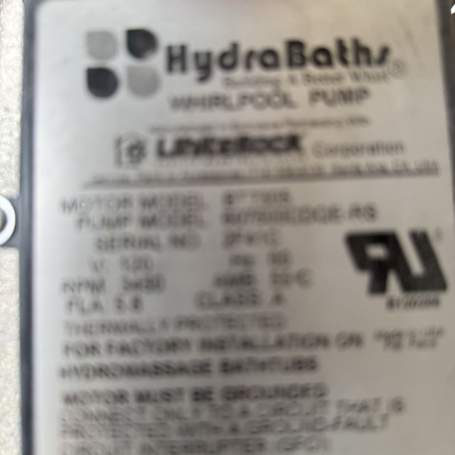 HydraBaths Whirlpool Pump - Motor Model R7751R, Pump Model R0720025-R5 and the Hydromassage Bathtub