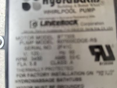 HydraBaths Whirlpool Pump - Motor Model R7751R, Pump Model R0720025-R5 and the Hydromassage Bathtub