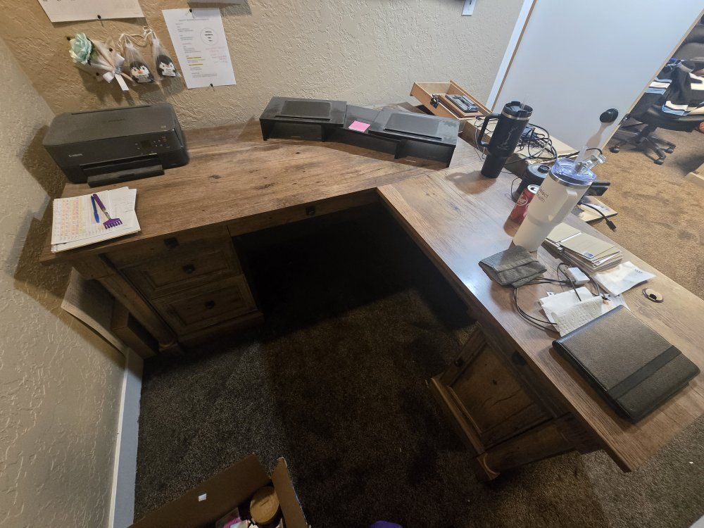 Rustic L-Shaped Corner Office Desk with Storage Drawers - Solid Wood Finish
