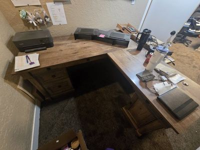 Rustic L-Shaped Corner Office Desk with Storage Drawers - Solid Wood Finish