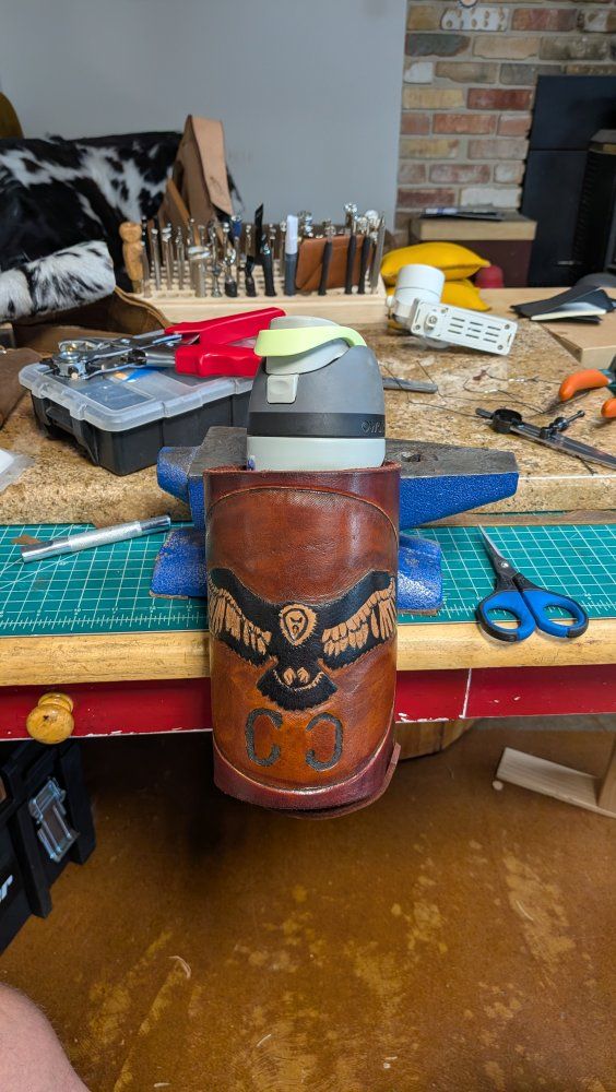 Custom Tooled Leather Water Bottle Holder - Handcrafted Equestrian/Outdoor Accessory