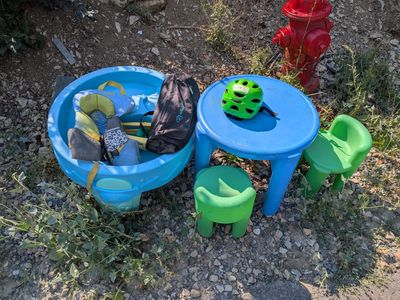Water Table, Table & Chairs, Helmet, Life Vest, camp chair
