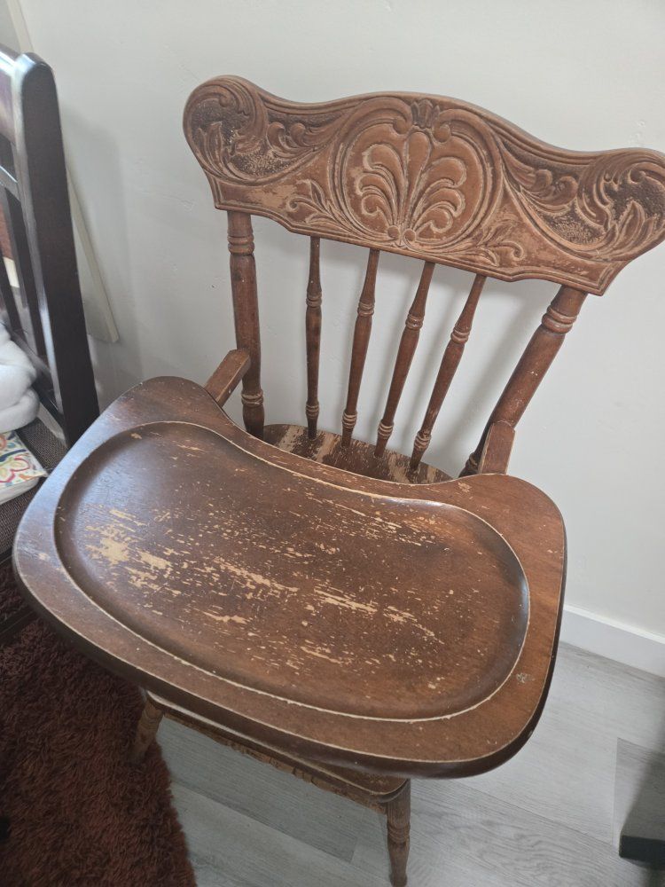 Vintage Wooden High Chair with Carved Crest Back and Removable Tray