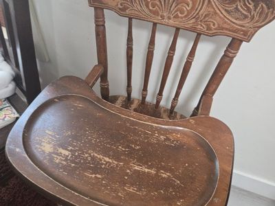 Vintage Wooden High Chair with Carved Crest Back and Removable Tray