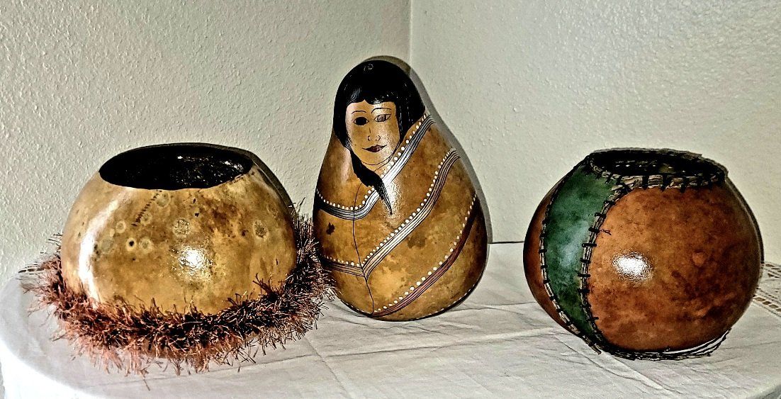 Hand Painted Gourd Folk Art Woman Figure Decorative Rustic Southwestern Decor