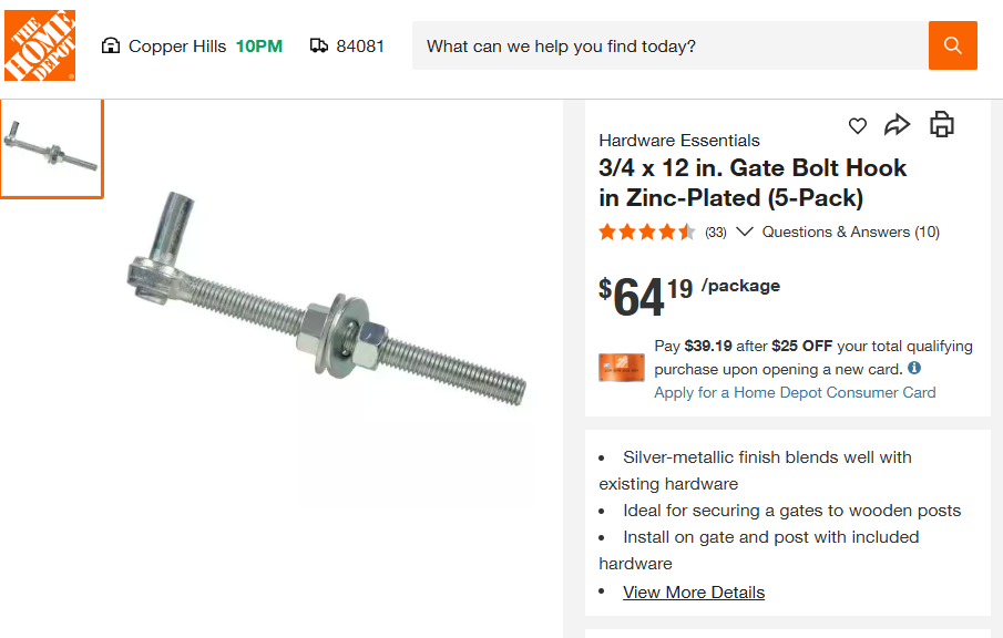 Bolt Hooks 3/4" x 12" (#851614) 5-pack