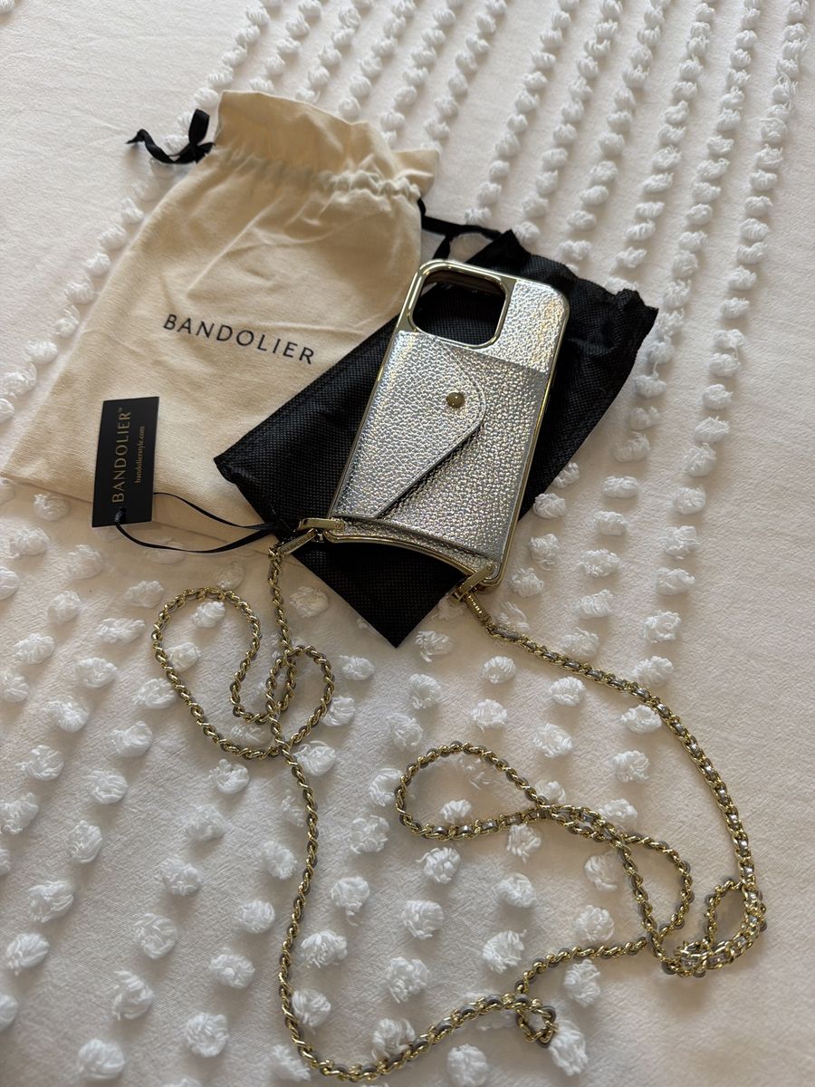 BANDOLIER Silver Metallic Pebble Leather iPhone Case with Chain Strap - Wallet Pocket