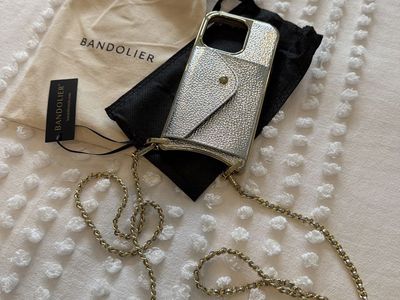 BANDOLIER Silver Metallic Pebble Leather iPhone Case with Chain Strap - Wallet Pocket