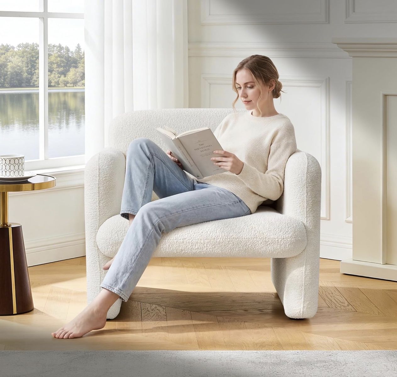 33.86" Accent Chairs, Modern Conversation Chair Velvet Fabric Arm Chair Comfy Leisure Single Sofa Chair with a Waist Pillow for