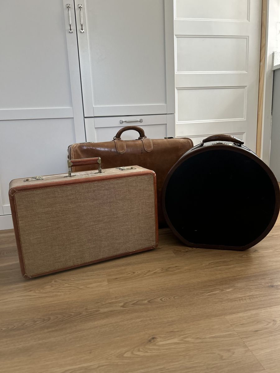 Vintage Mixed Luggage Set - 3 Unique Pieces, Leather & Canvas - Travel or Decor