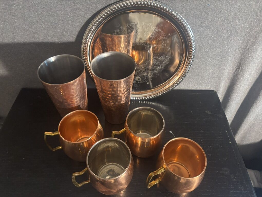 7 Piece Metal Drinking Set Including vintage Tray