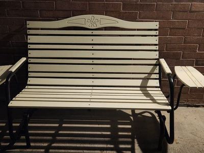 Outdoor Metal Glider Bench - White Slats, Black Frame - Patio Seating