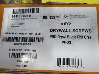 #6 × 2" coarse-thread black phosphate drywall screws (3,500/box)