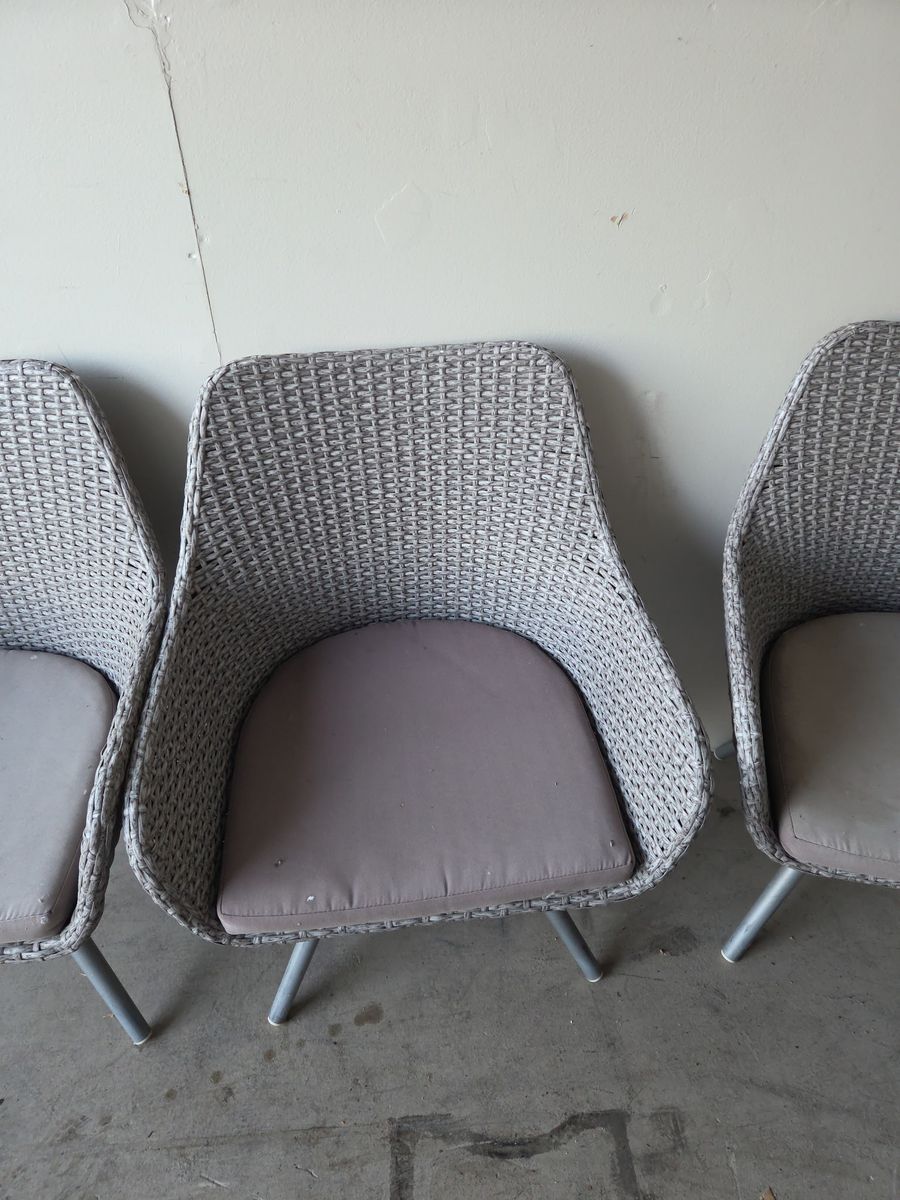 3 Gray Wicker Patio Armchairs with Cushions - Like New!