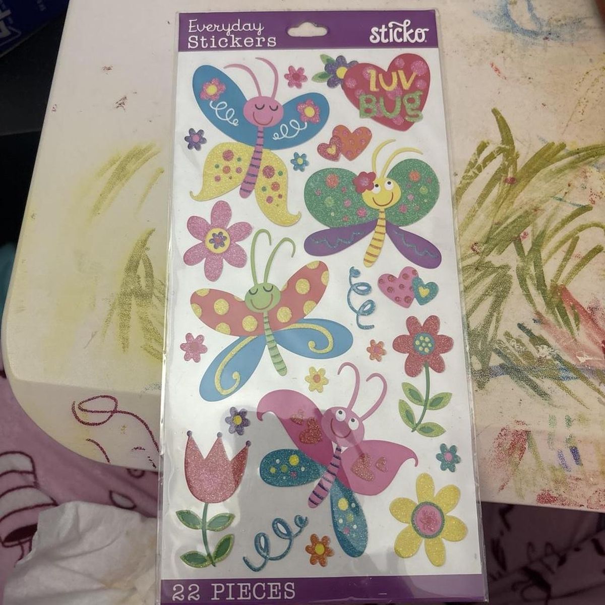 Sticko Everyday Stickers: 22-Piece Glitter Butterfly & Flower Set - "LUV BUG" Theme