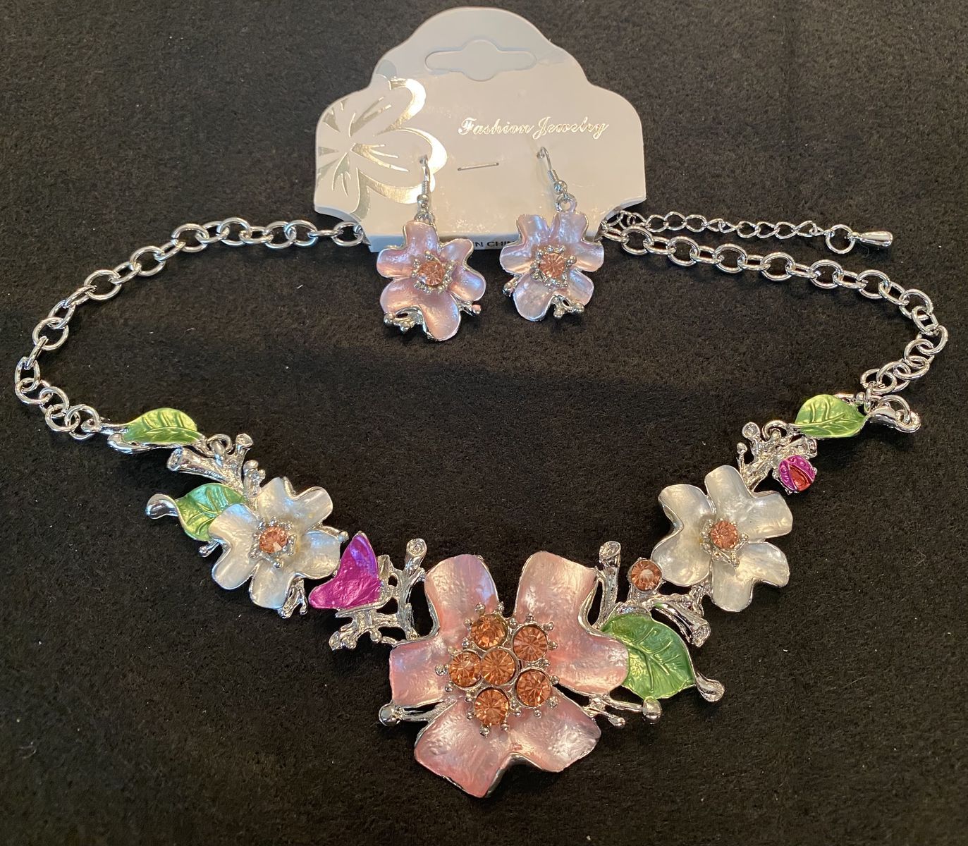 NEW! Beautiful Enamel Floral and Silver Necklace and Earring SET - PINK-RED-GREEN - C PICS