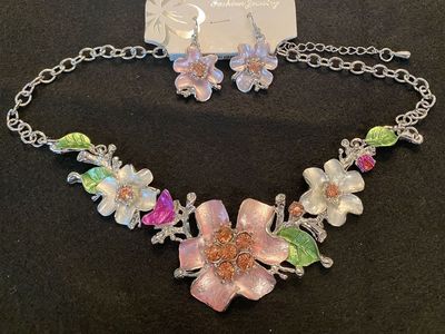 NEW! Beautiful Enamel Floral and Silver Necklace and Earring SET - PINK-RED-GREEN - C PICS