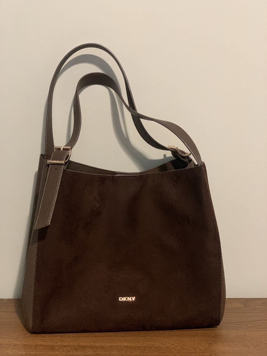 DKNY Brown Suede & Leather Shoulder Bag with Adjustable Straps